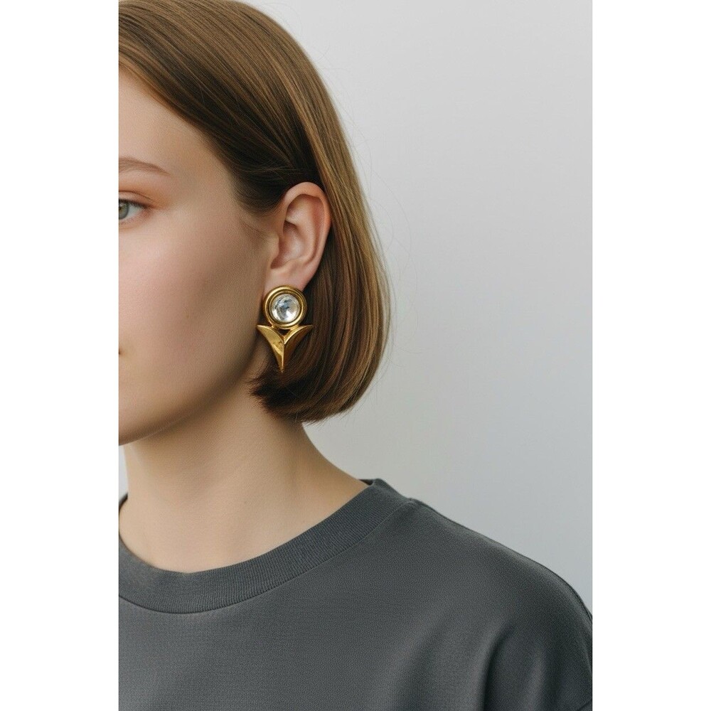 Vintage Gold Tone Clear Cabochon Statement Earrings Pierced Post Geometric